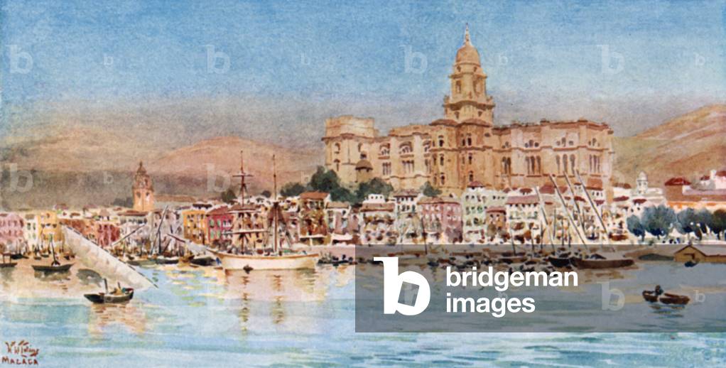 Malaga, view from the harbour (colour litho)