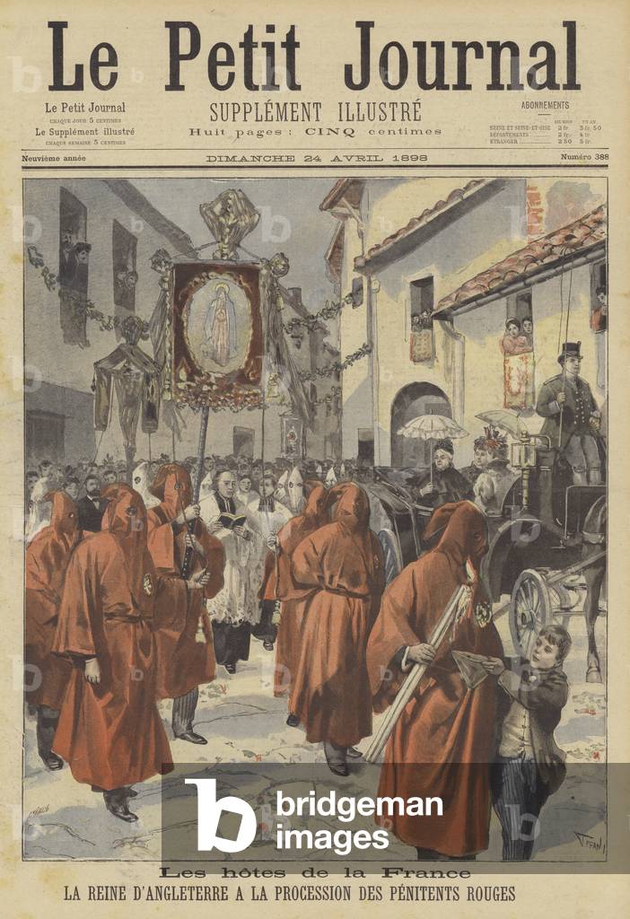The guests of France: Queen Victoria watching the procession of the Red Penitents (colour litho)