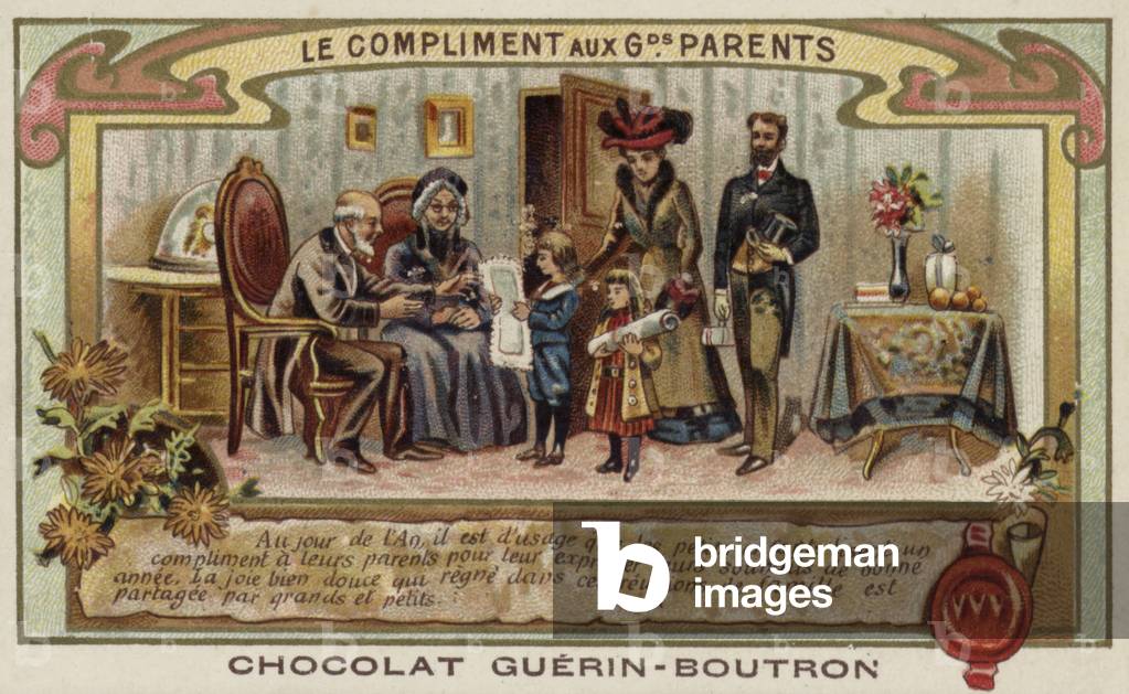 Children paying compliments to their grandparents on New Year's Day (chromolitho)