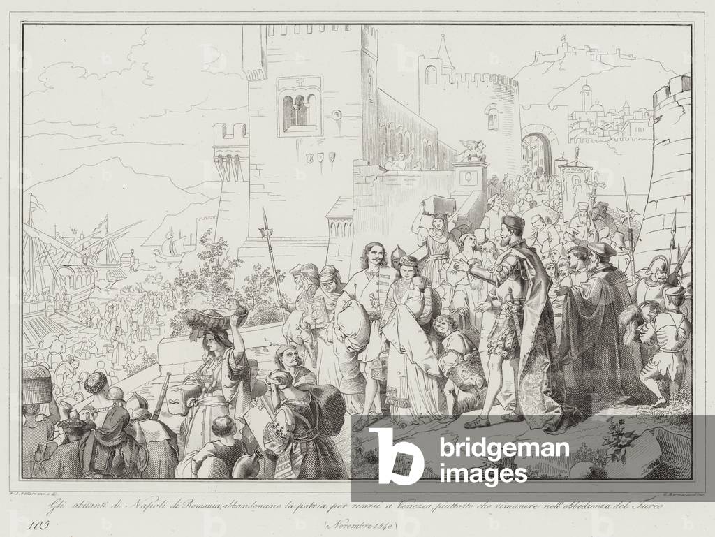 Gli abitanti di Napoli di Romania abbandonano la patria per recarsi a Venezia, piuttosto che  (engraving)