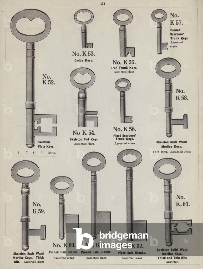 Page from metalwork catalogue: Keys and key blanks (litho)