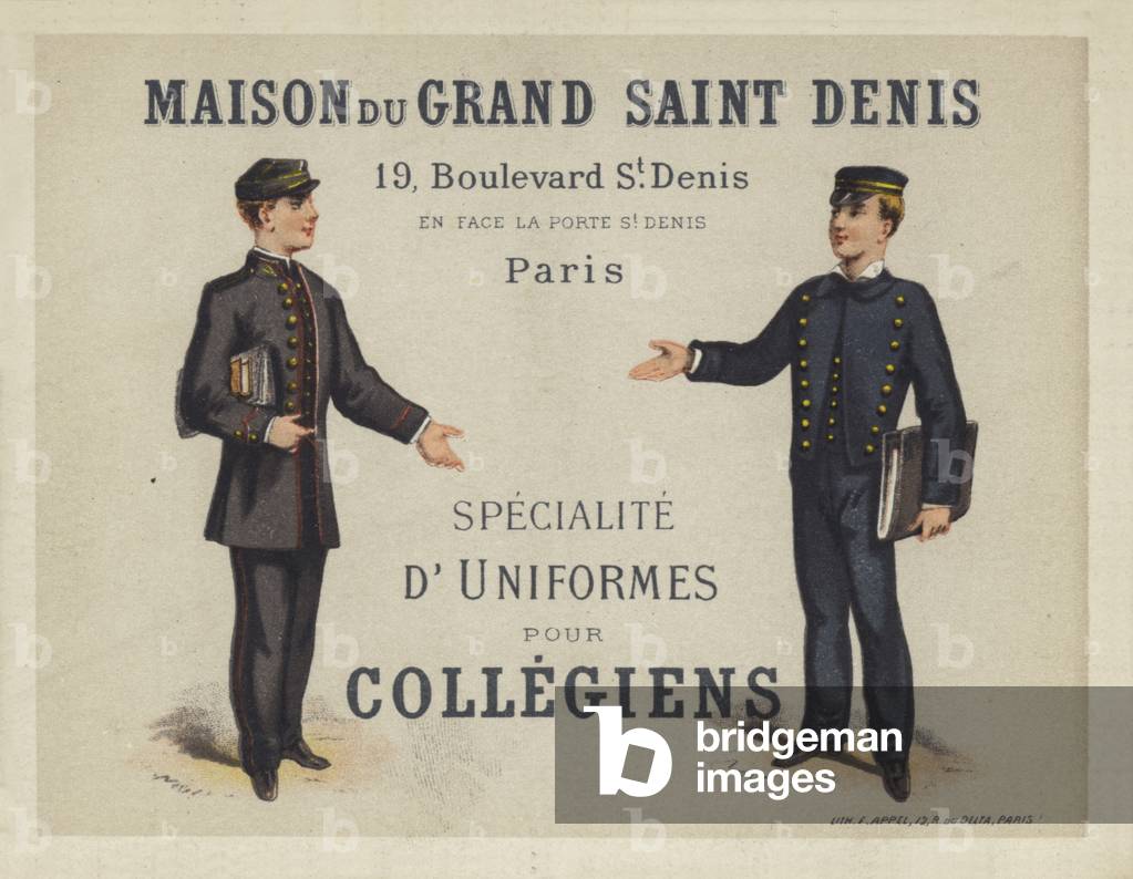 Uniforms for French Collegiens, advertisement for Maison du Grand Saint Dennis (chromolitho)