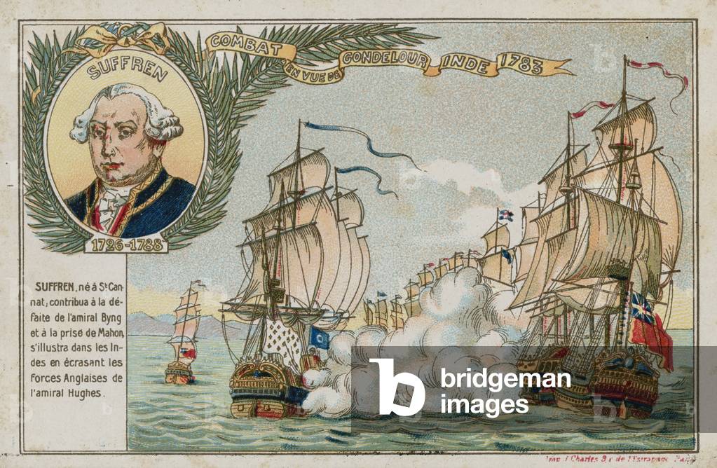 Trade card with an image depicting a naval battle (chromolitho)