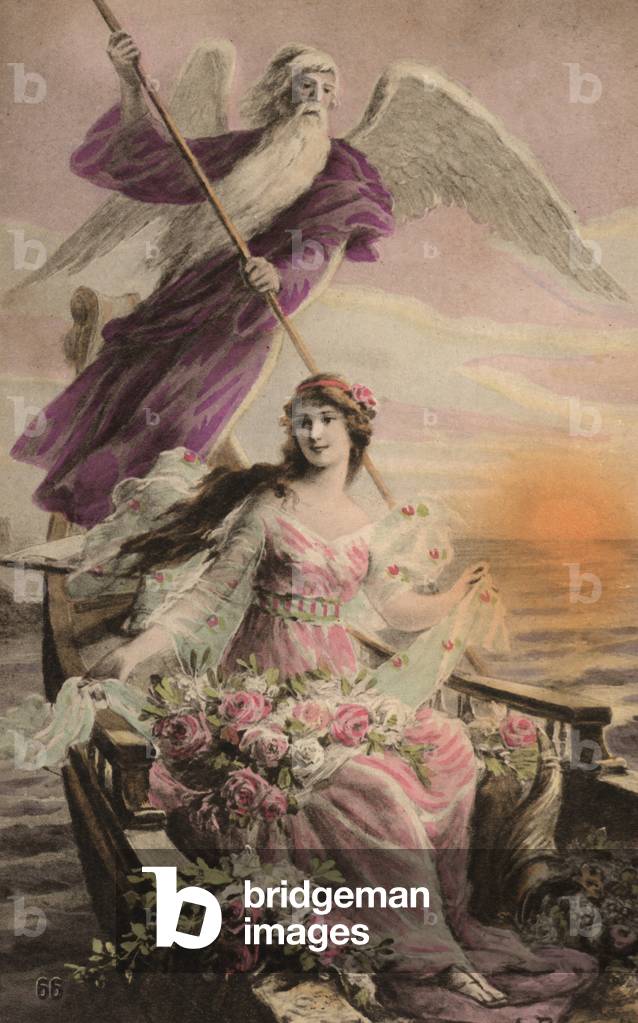 Angel rowing a girl in a boat (colour litho)