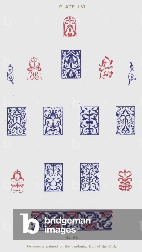 Ornaments painted on the pendants, Hall of the Bark (colour litho)