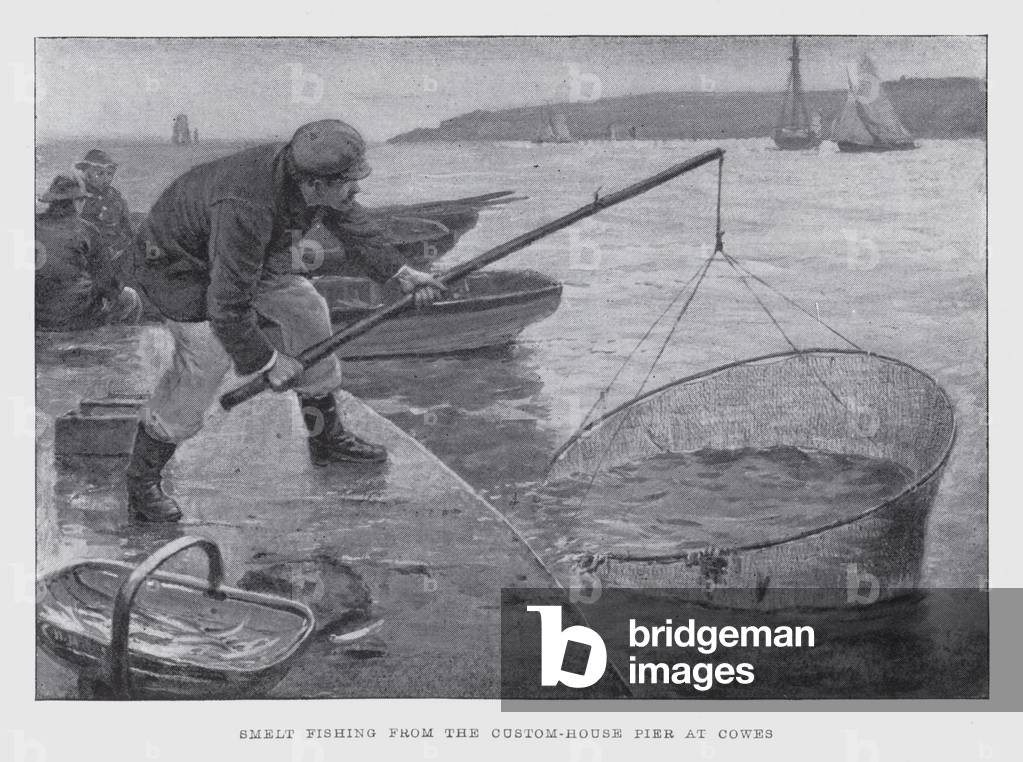 Smelt fishing from the Custom-House Pier at Cowes (litho)