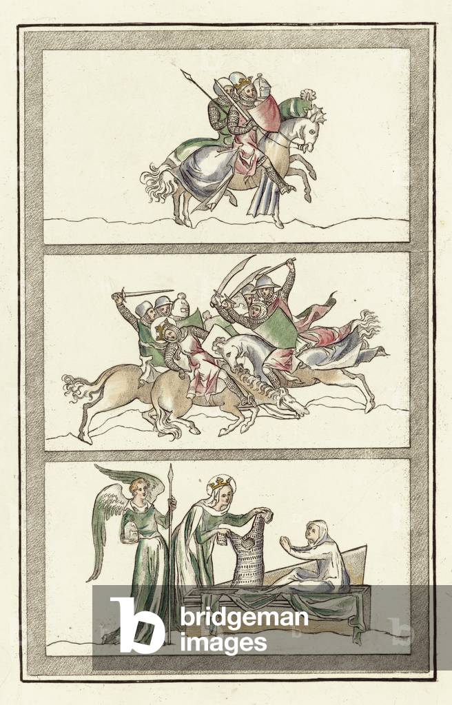 Oswald King Of Northumberland with his army, Battle Of Maserfield, Miracle of the Virgin Mary (coloured engraving)