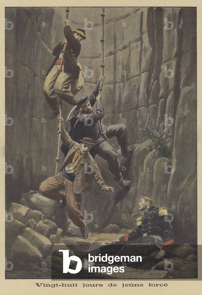 A group of navvies discovering a soldier trapped underground for 28 days (colour litho)