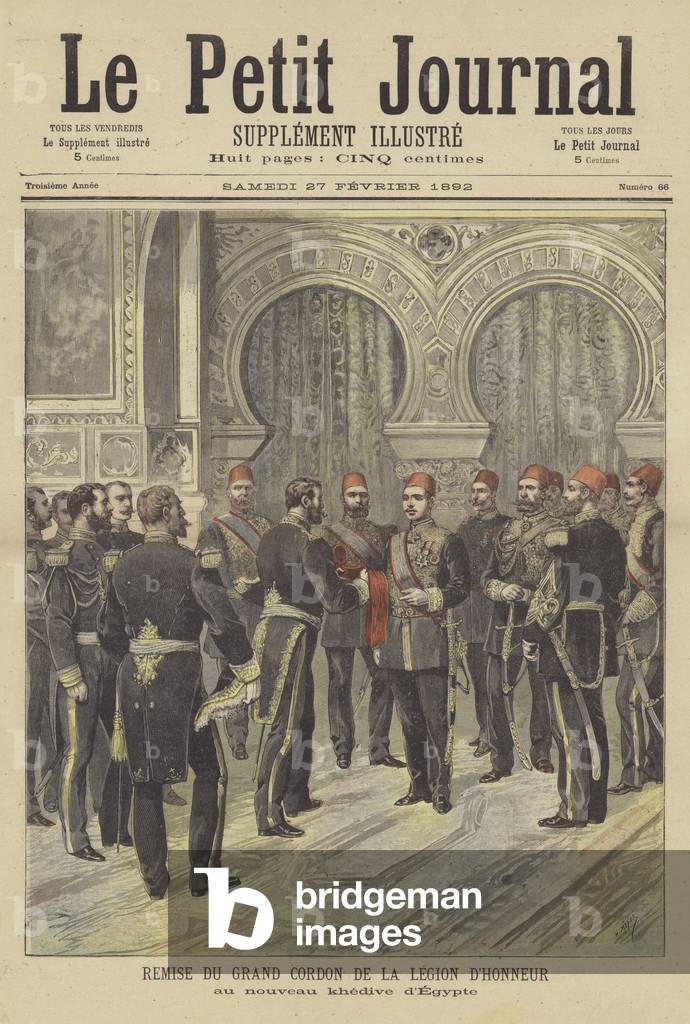 Presentation of the sash of the Legion d'Honneur to the new Khedive of Egypt (colour litho)
