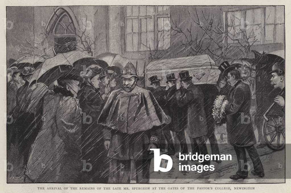 Arrival of the remains of English Particular Baptist preacher Charles Haddon Spurgeon for his lying in state at the Pastor's College, Newington, London, 1892 (litho)