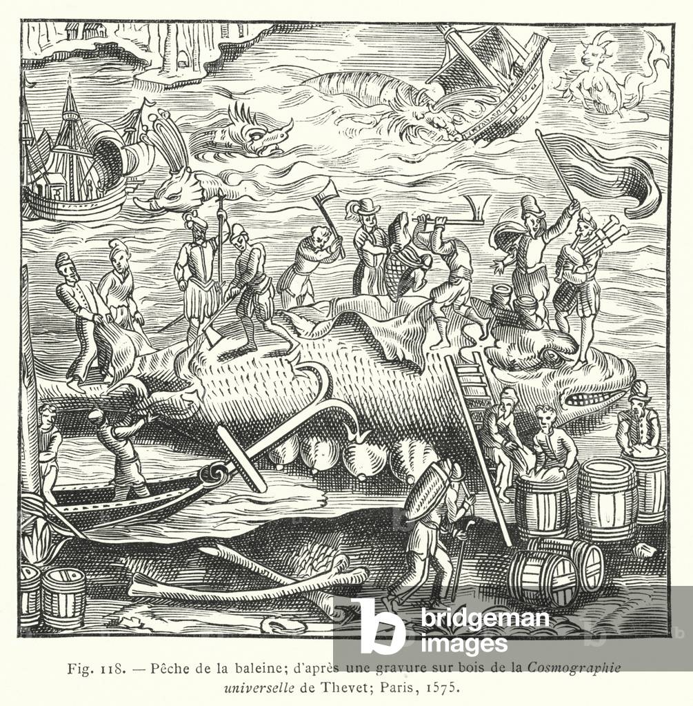 Peche de la baleine; d'apres une gravure sur bois de la Cosmographie universelle de Thevet; Paris, 1575 (engraving)
