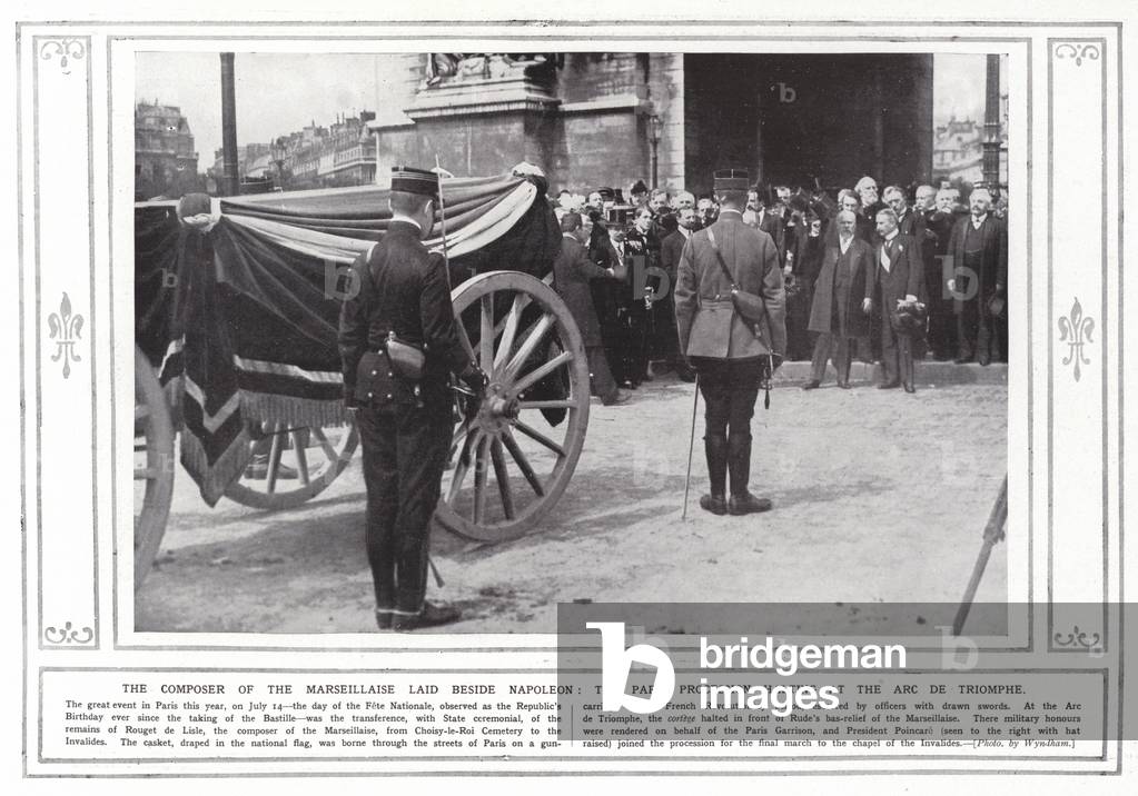 The composer of the Marseillaise laid beside Napoleon, the Paris Procession halting at the Arc de Triomphe (b/w photo)