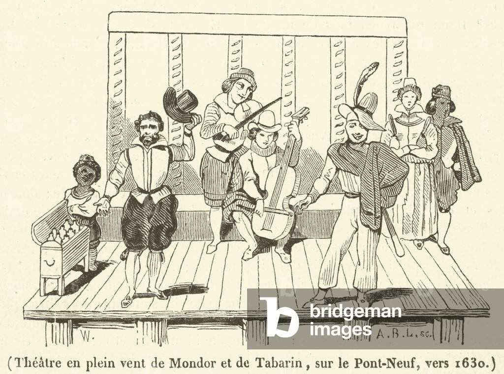 Theatre en plein vent de Mondor et de Tabarin, sur le Pont-Neuf, vers 1630 (engraving)