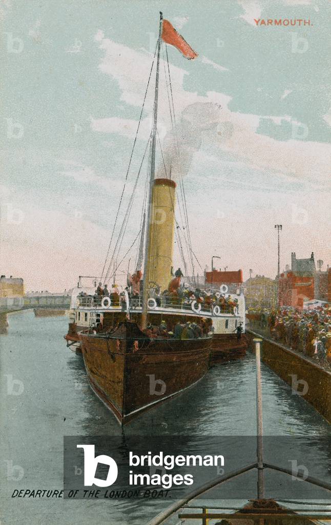 Departure of the London boat at Yarmouth. Postcard sent in 1913.