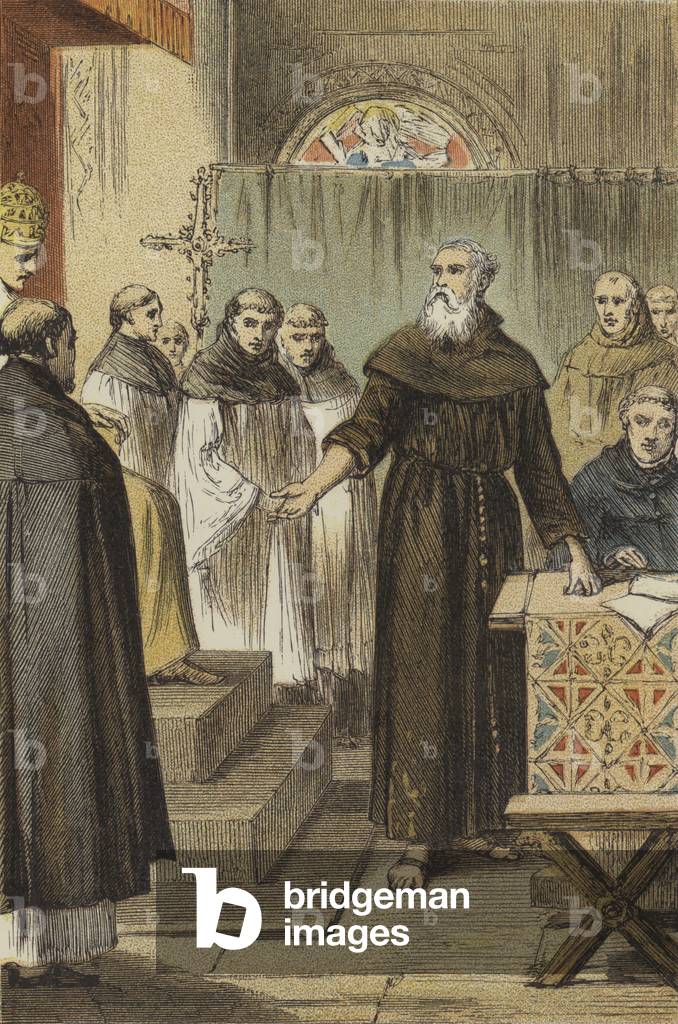 Peter the Hermit before Urban II (coloured engraving)