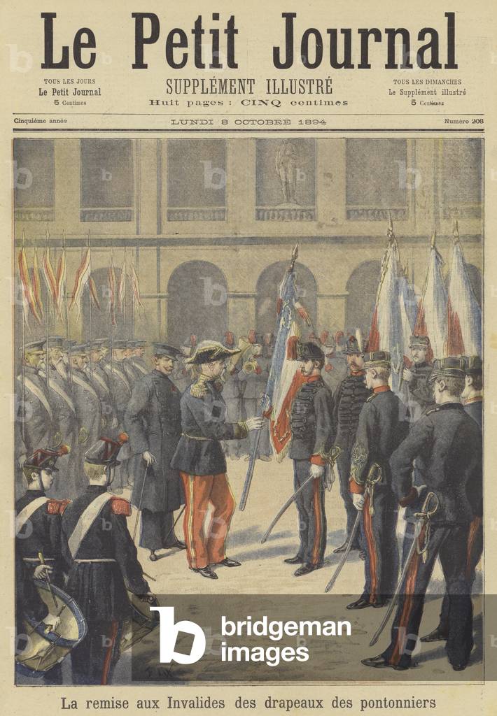 The flags of the disbanded 2nd Regiment of Artillerie-Pontonniers being handed in at Les Invalides (colour litho)