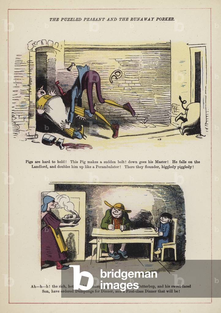 The Puzzled Peasant and the Runaway Porker (colour litho)