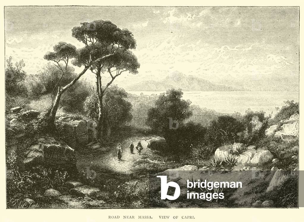 Road near Massa, view of Capri (engraving)