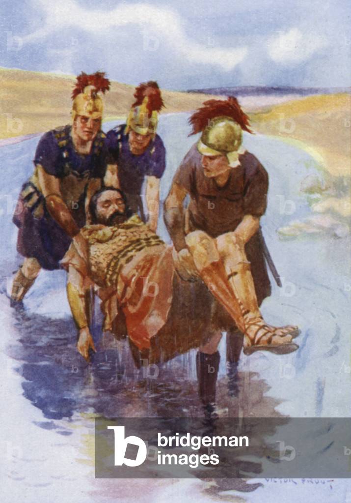Alexander the Great rescued by his soldiers (colour litho)