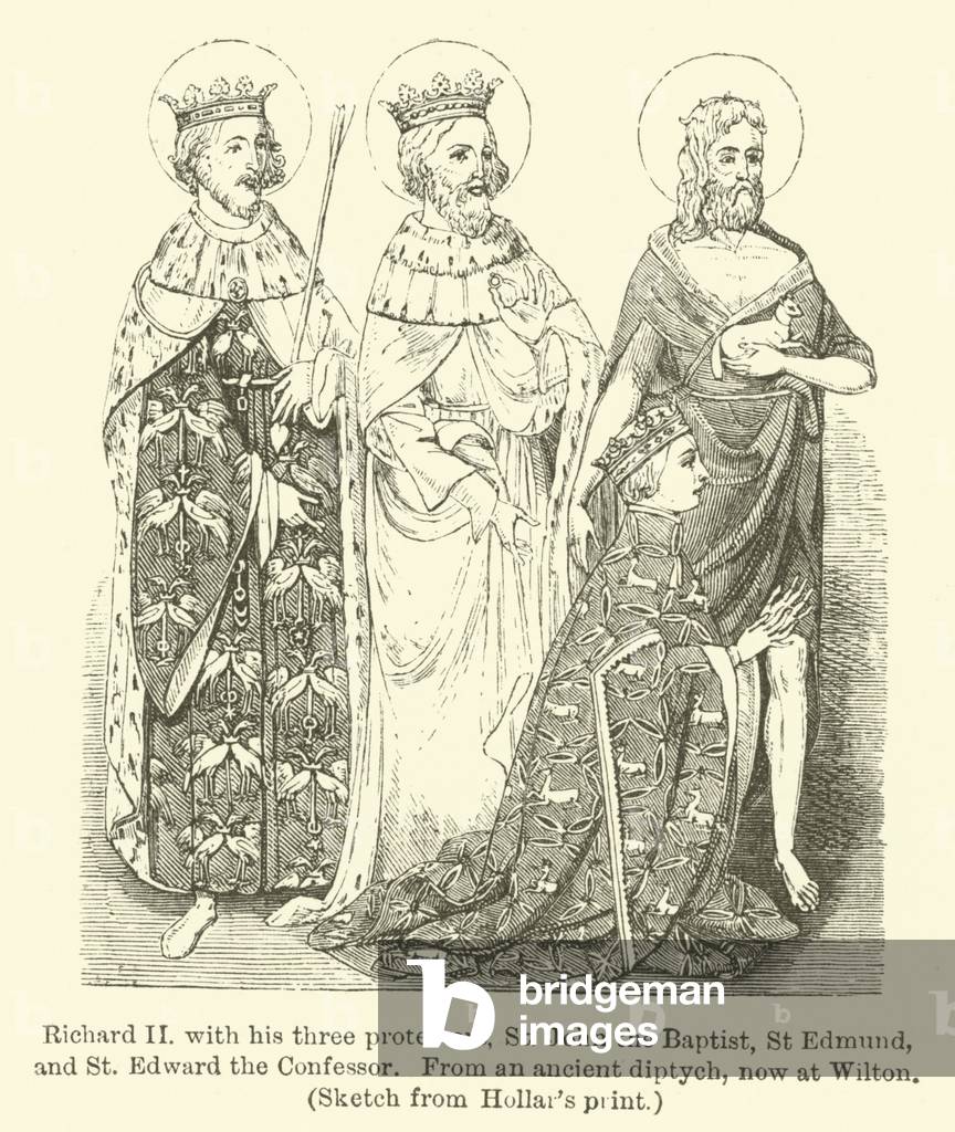 Richard II with his three protectors, St John the Baptist, St Edmund, and St Edward the Confessor, from an ancient diptych, now at Wilton, sketch from Hollar's print (engraving)