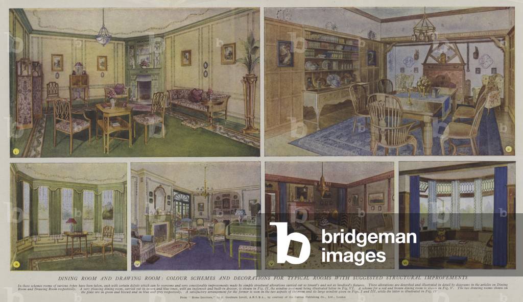Dining room and drawing room, colour schemes and decorations for typical rooms with suggested structural improvements (colour litho)