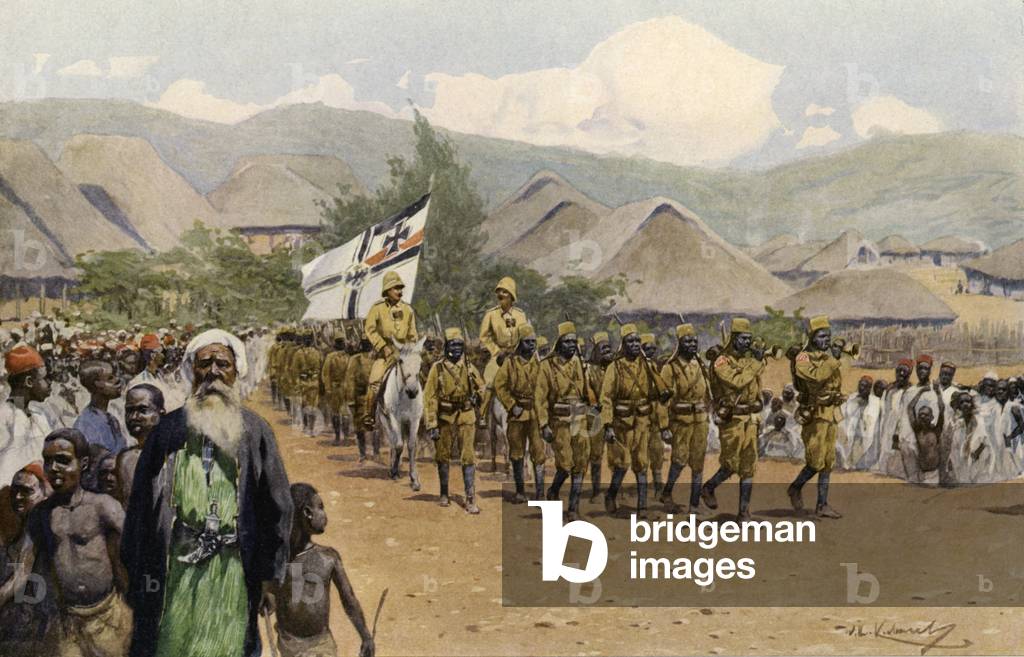 Company of askaris, African colonial soldiers, German East Africa (colour litho)