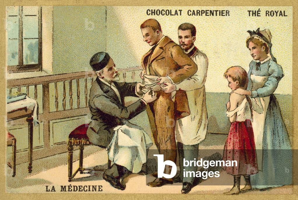 Louis Pasteur inoculating a patient against rabies at the Pasteur Institute (chromolitho)