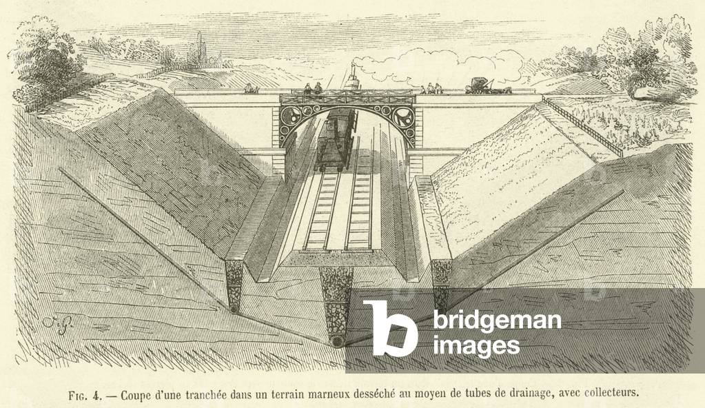 Coupe d'une tranchee dans un terrain marneux desseche au moyen de tubes de drainage, avec collecteurs (engraving)