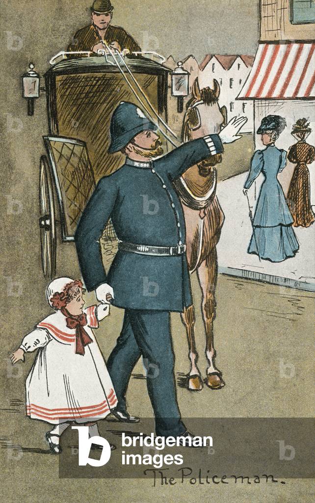 Policeman helping a small girl (colour litho)