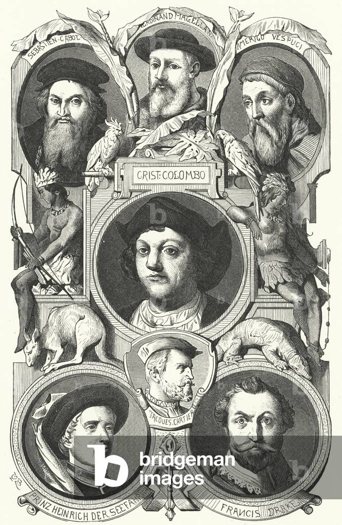 Prominent figures of the Age of Discoveries (engraving)