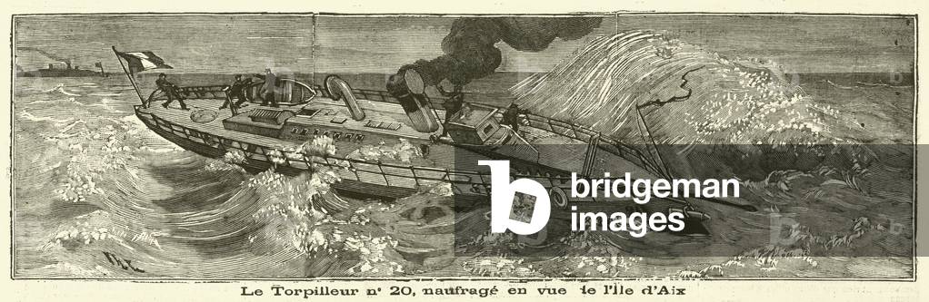 French torpedo boat No. 20 sinking at the entrance of the harbour of the Ile d'Aix (engraving)