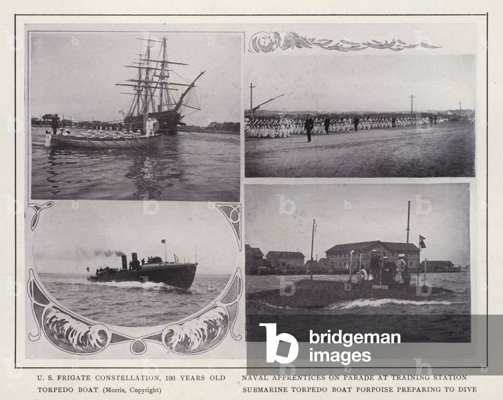 Newport, Rhode Island: US Frigate Constellation, 106 Years Old; Naval Apprentices on Parade at Training Station; Torpedo Boat; Submarine Torpedo Boat Porpoise preparing to dive (b/w photo)