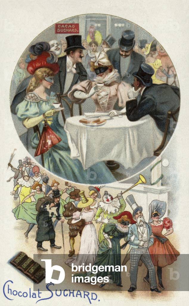 Enjoying Suchard chocolate at a masked ball (chromolitho)