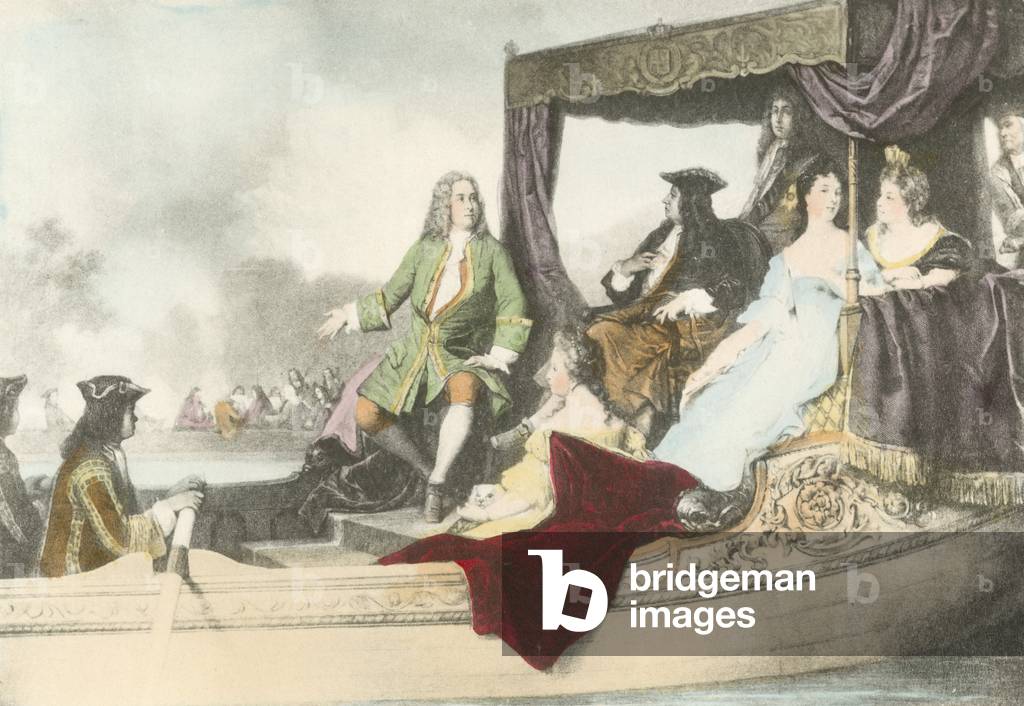 King George III and George Friedrich Handel on the river Thames (colour litho)