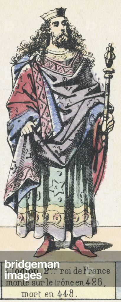 Clodion, 2me roi de France, monte sur le trone en 428, mort en 448 (coloured engraving)