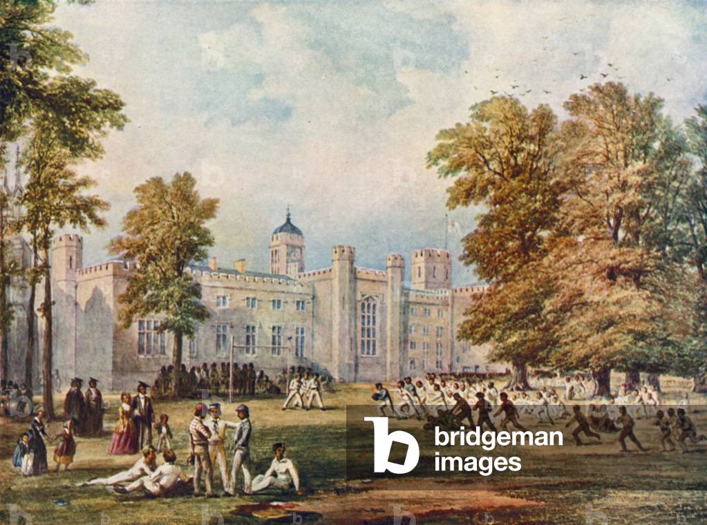 Playing the game of rugby at Rugby School, Warwickshire, 1852 (colour litho)