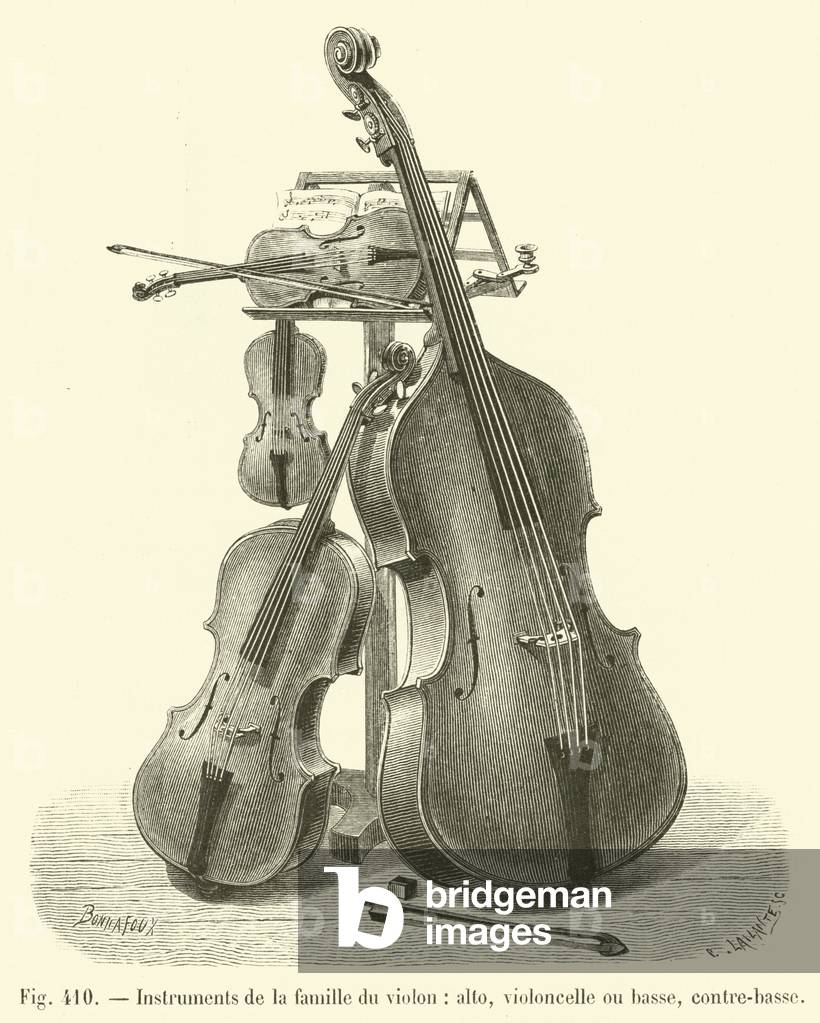 Instruments de la famille du violon, alto, violoncelle ou basse, contre-basse (engraving)