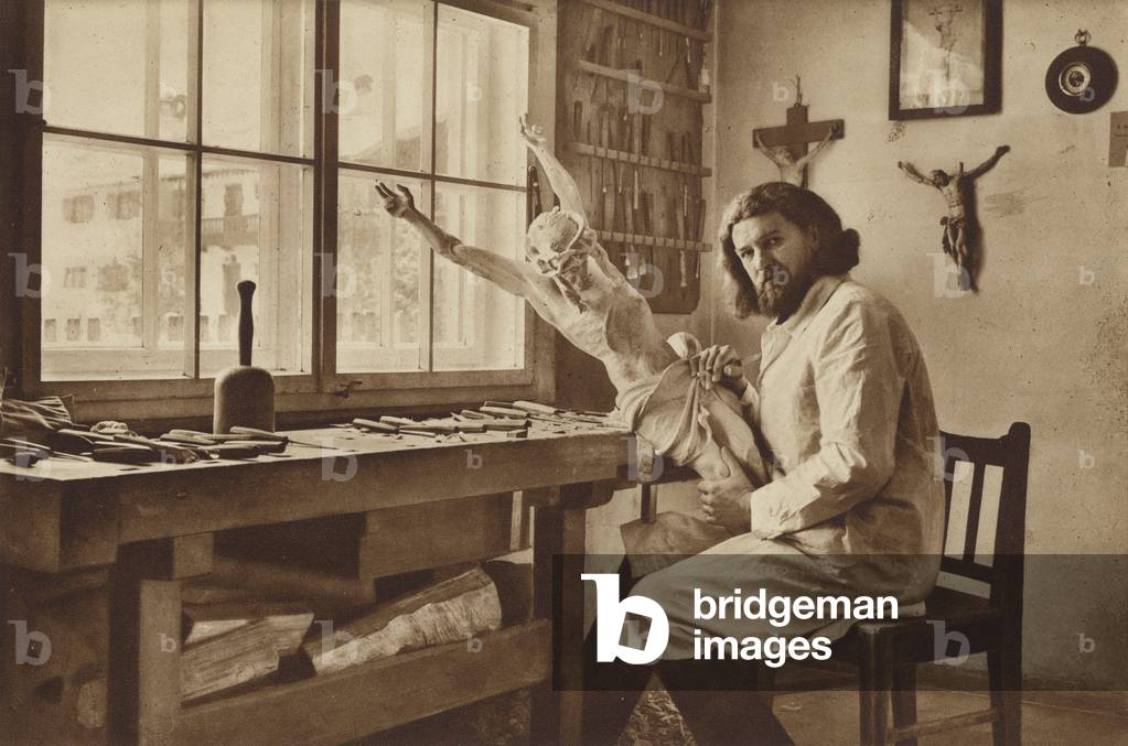 Wood-Carver's Workshop in Oberammergau, Alois Lang, the Representator of Christ in the Passion's Play 1930 (b/w photo)