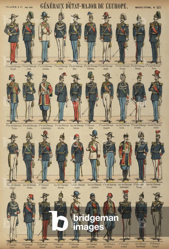 General staff officers and uniforms of armies from around the world (coloured engraving)