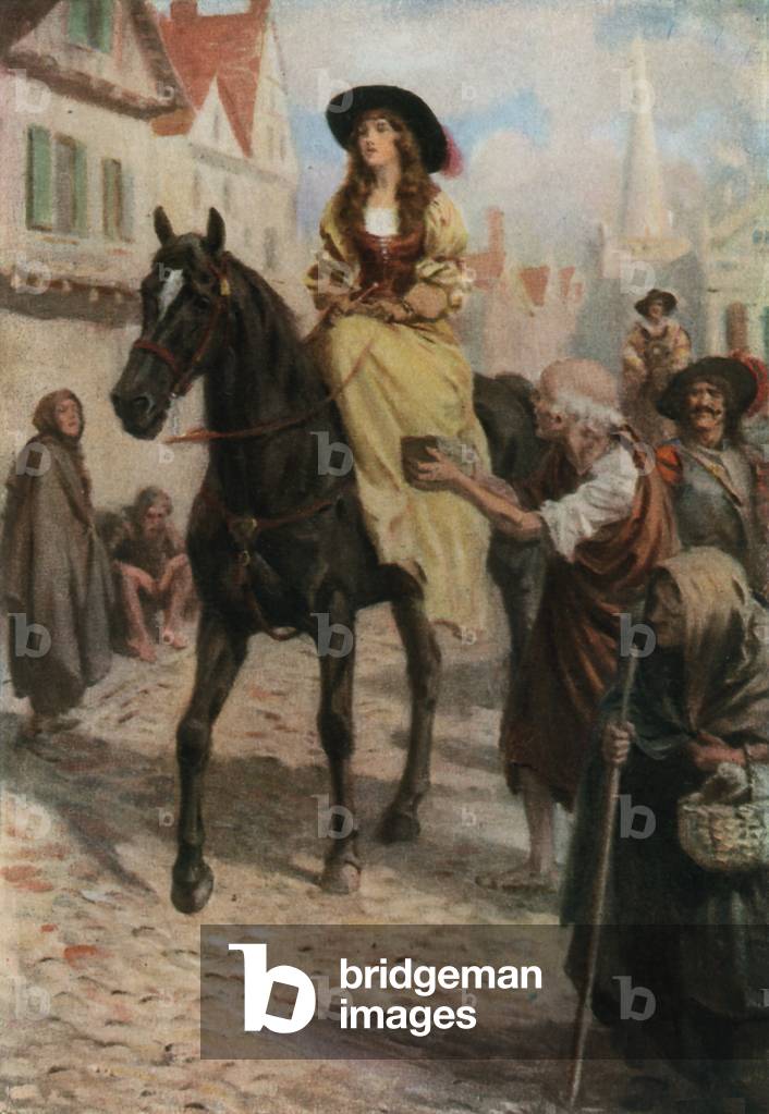 Pity the unhappy, said a devout man, holding up a box (colour litho)