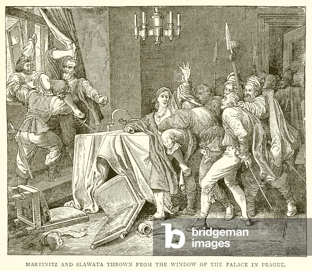 Martinitz and Slawata thrown from the window of the Palace in Prague (engraving)