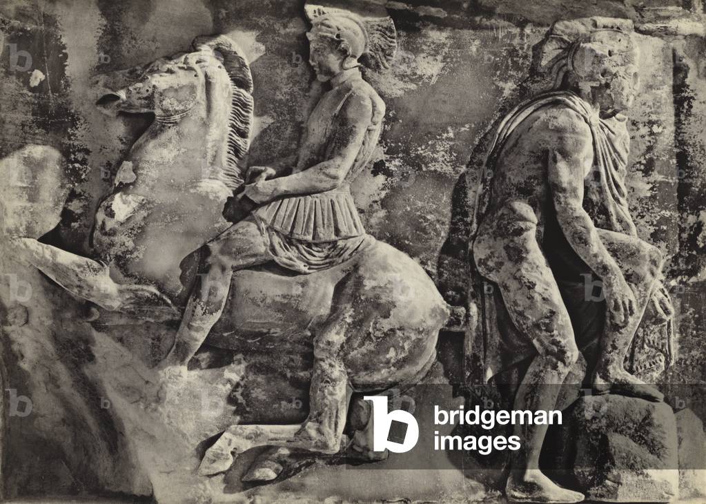 Parthenon sculptures: West frieze, in situ (b/w photo)