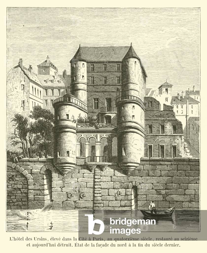 L'hotel des Ursins, eleve dans la Cite a Paris, au quatorzieme siecle, restaure au seizieme et aujourd'hui detruit, Etat de la facade du nord a la fin du siecle dernier (engraving)