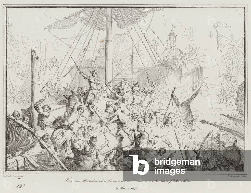 Tommaso Morosini si difende col solo suo vascello dalla flotta Turca, 1647 (engraving)