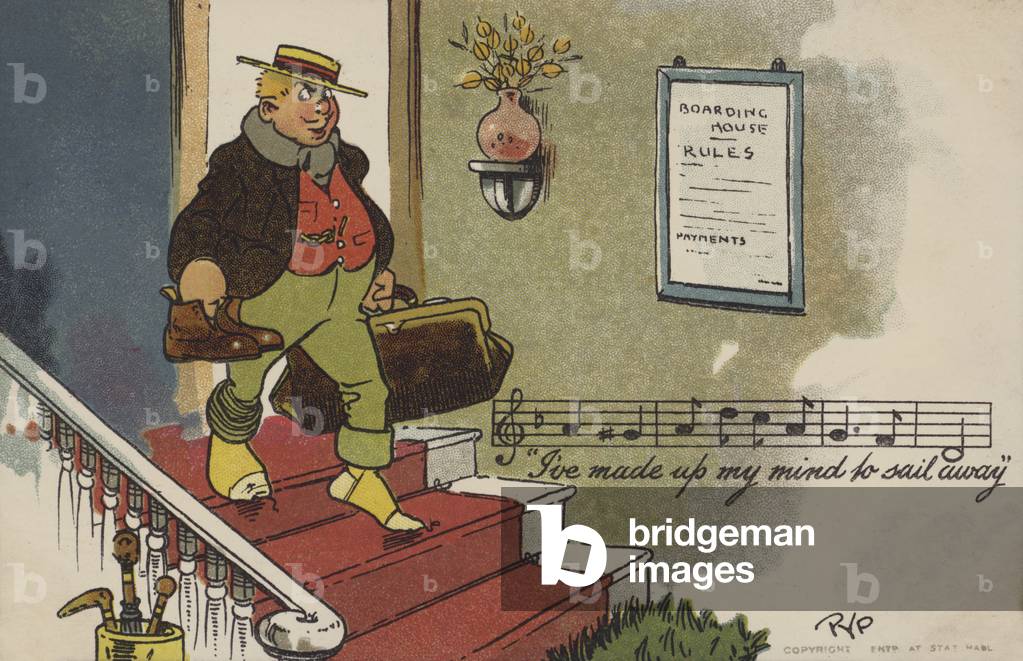 Man sneaking out of his lodgings (colour litho)