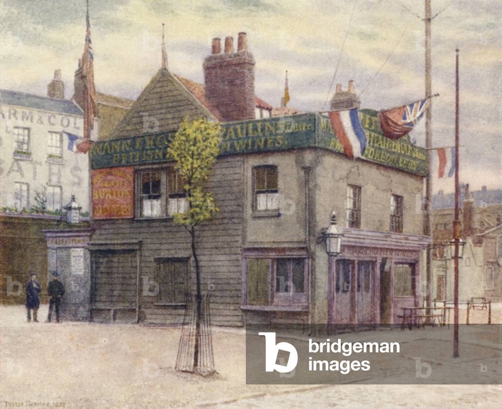 Vine Tavern, Mile End, looking East, 1887 (colour litho)