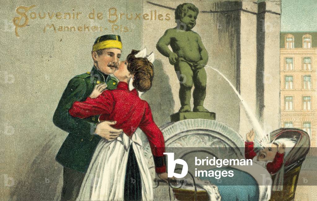 The Manneken Pis in Brussels (colour litho)