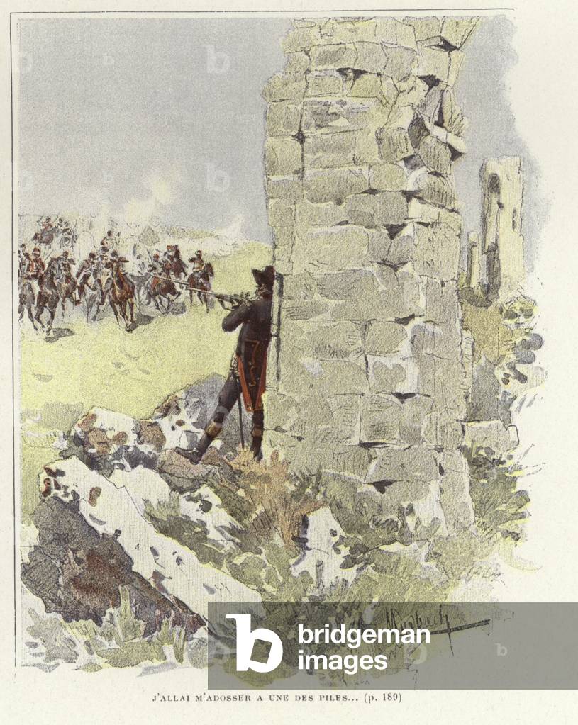 A soldier leans against a ruined wall as he takes aim at the oncoming assault (colour litho)