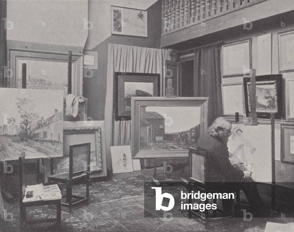 French painter Jean Charles Cazin in his studio (b/w photo)