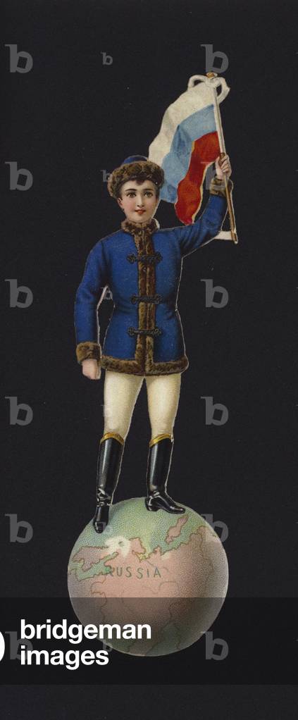 Boy standing on globe, holding Russian flag (chromolitho)